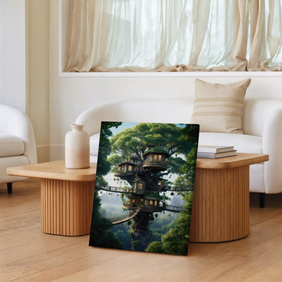 Toile, arbre fantaisiste niché dans un arbre vert luxuriant avec plusieurs plateformes en bois et art mural sur toile Cozy Living