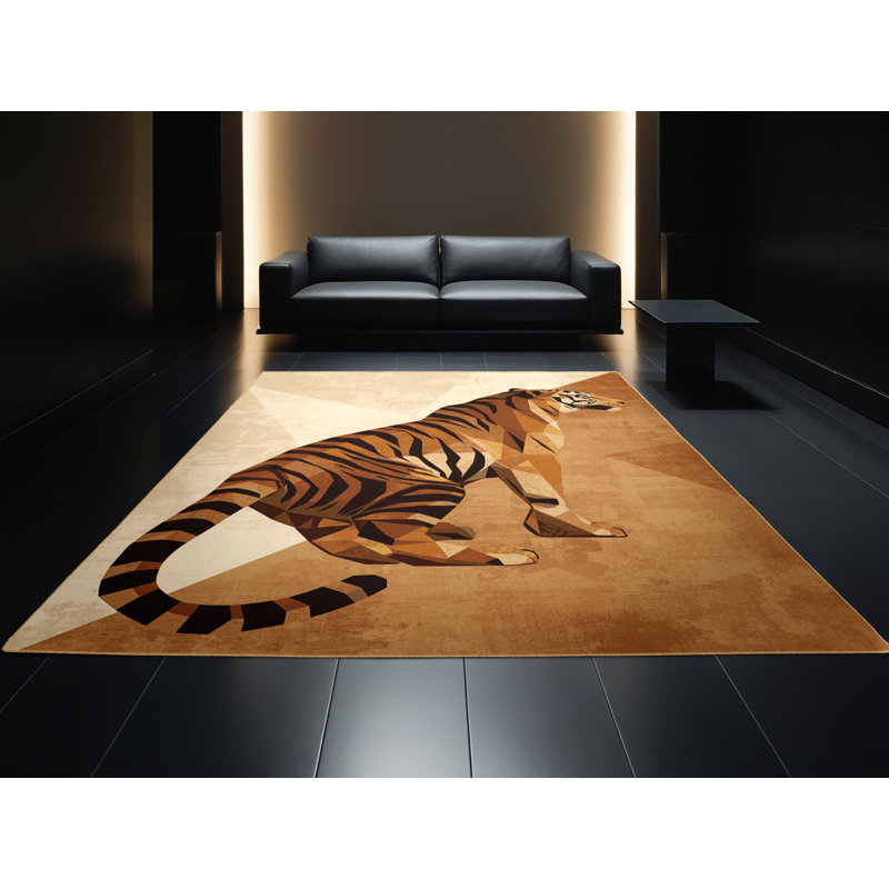 Machine Washable Pavanvir Tiger Modern Rustic Geometric Rug in Brown – LightBrown Binding, 2x5