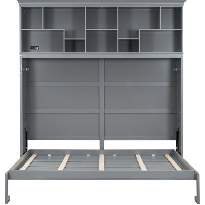 Queen Size Bed Wall In Gray, And Shelves, Suitable For Home Gym, No Box Spring Needed Gray Bed, Top Shelves & , Perfect Multi - Purpose Rooms, Comfortable Sleep