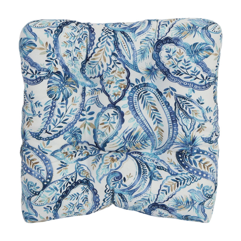19-Inch Square Outdoor Tufted Dining Chair Cushions (Set Of 2), White/Faylinn Lapis Paisley