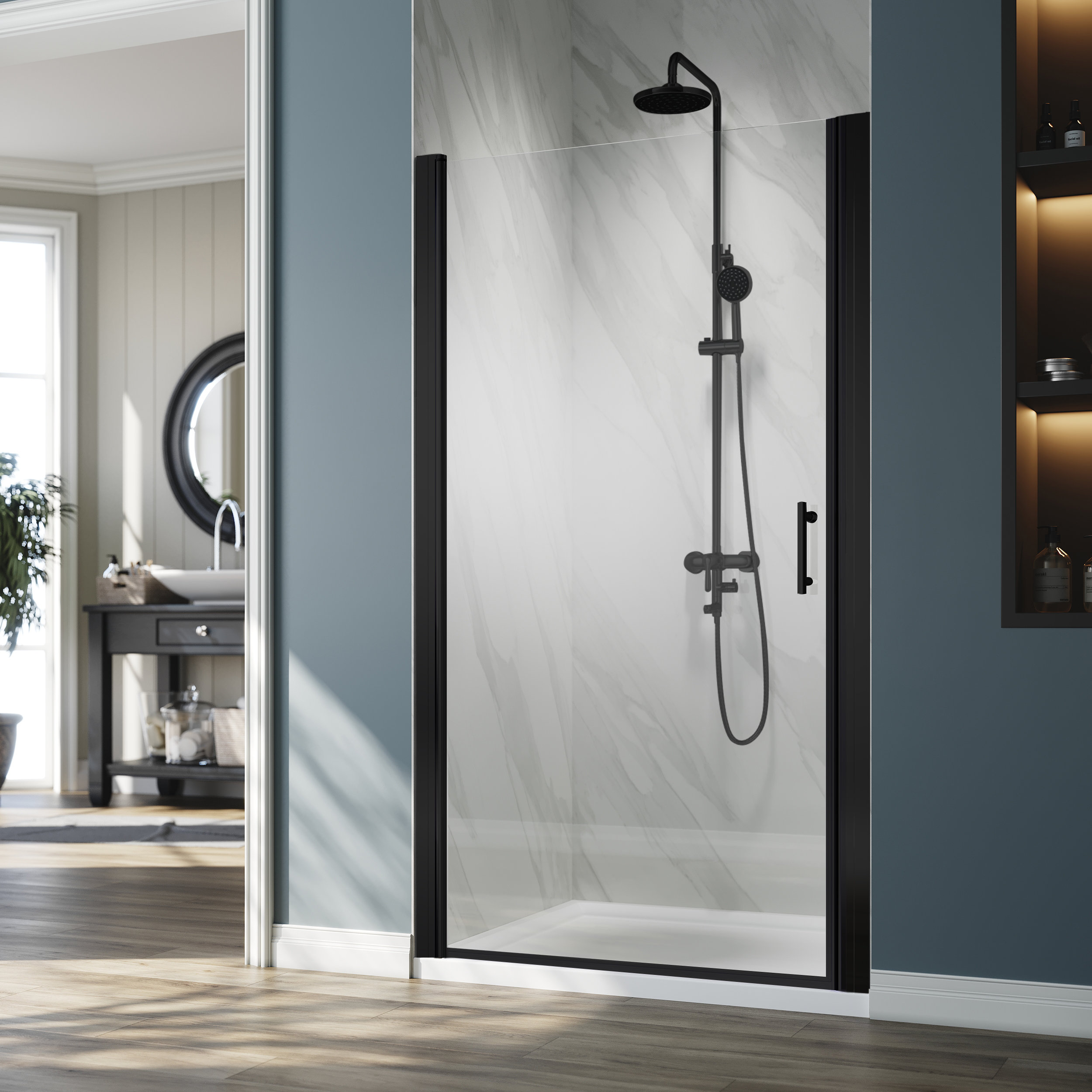 54x72 Inch Semi-Frameless Sliding Shower Door - Matte Black Frame With 1/4" Tempered Glass
