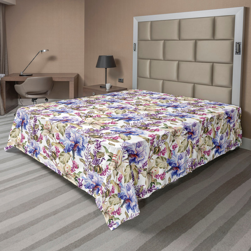 Ambesonne Floral Flat Sheet Lavender Rose Iris Flowers Purple and Pastel Green, California King Flat Sheet