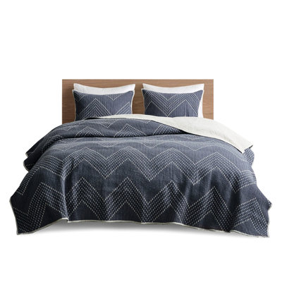 Navy 3 Piece Cotton Quilt For King/ King With Elegant Embroidered And Cozy Breathable Filling Material Stylish Element