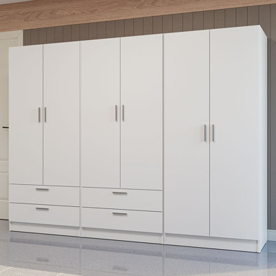 6 Doors 4 Drawers Wardrobe Set Armoire Closet Bedroom Storage Cabinet with Shelves and Hanging Space 94"L Wooden Clothing Organizer Unit by Hokku Designs
