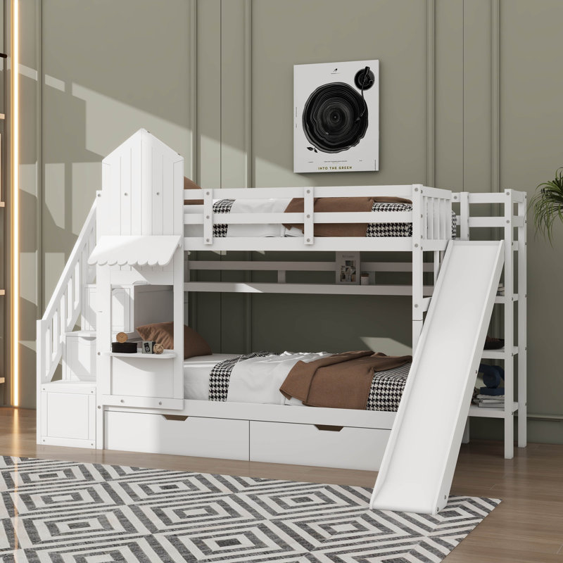 Lit superposé d'inspiration château, lit en bois avec 2 tiroirs et 3 tablettes, avec glissade et marches de rangement, Blanc