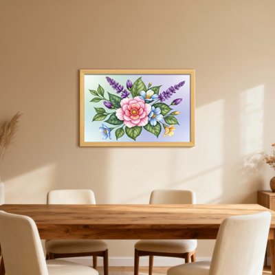 Arrangement floral de plantes et fleurs avec rose rose et lavande mauve