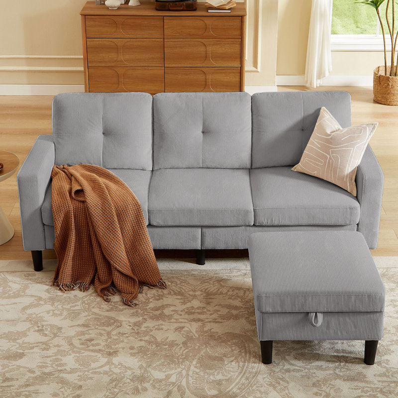 79.14" L Shaped Sofa with Storage Pockets and Reversable Storage Ottoman, Light Gray