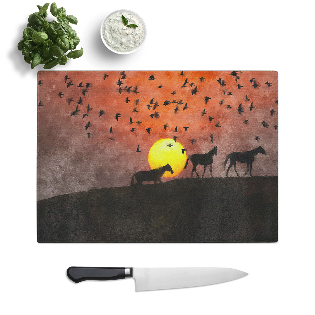 Birds and Horses at Sunset Painting Chopping Board