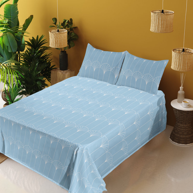 Microfiber Sheet Set, Full Sheet Set with 2 Pillowcases, Pale Sky Blue/White Geometric