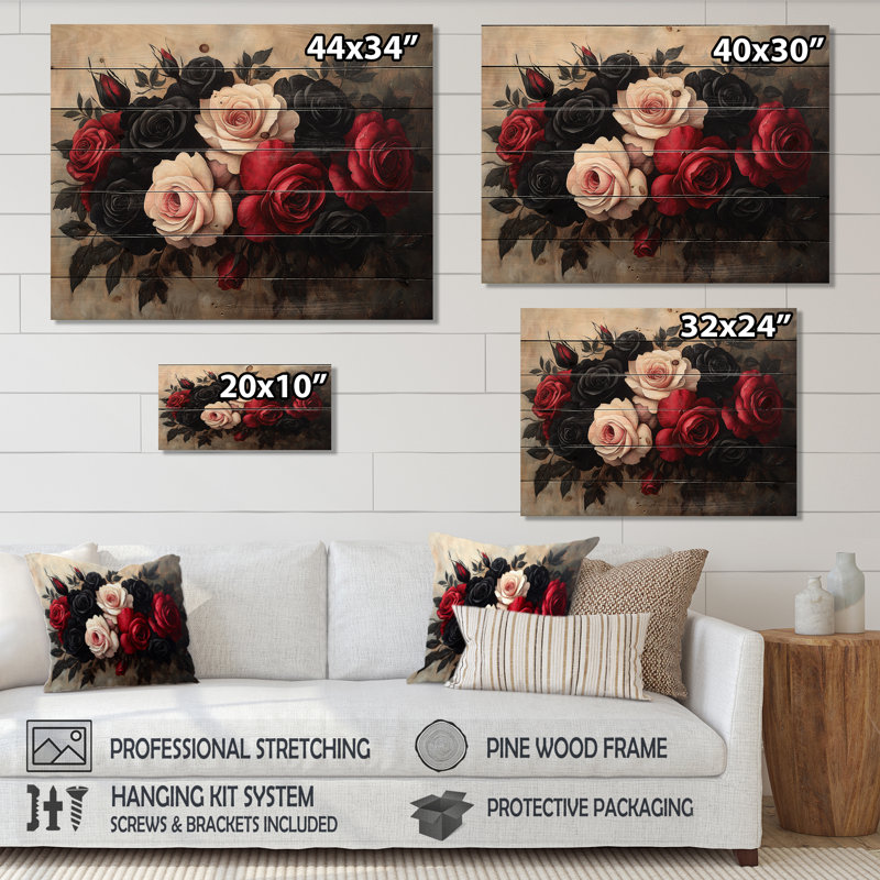 Midnight Pink Red Roses Bouquet - Roses, art mural sur bois de pin naturel, H 30 po x l 40 po x P 0,78 po