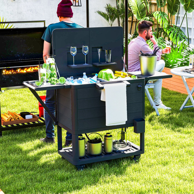 Patio Cooler Cart 104 Quart Rolling Ice Chest with Shelves, Black, Black