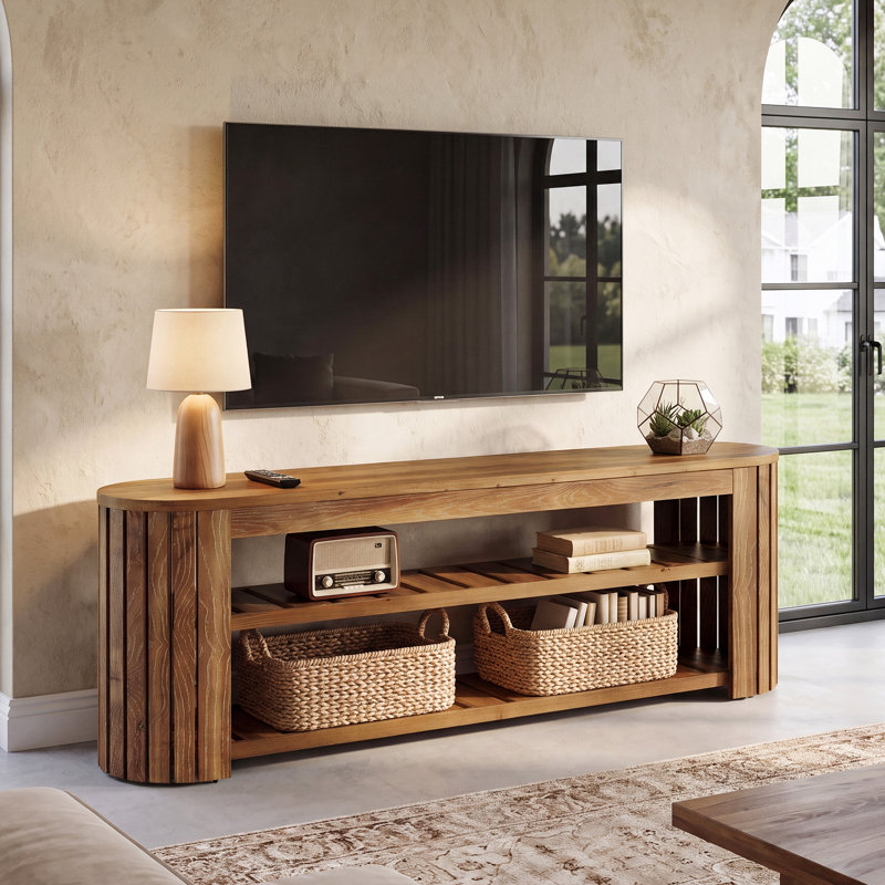 Meuble télé 63 po en bois massif pour téléviseur de 55/60/65/70 pouces, centre de divertissement de ferme avec tablettes de rangement à 2 niveaux,
