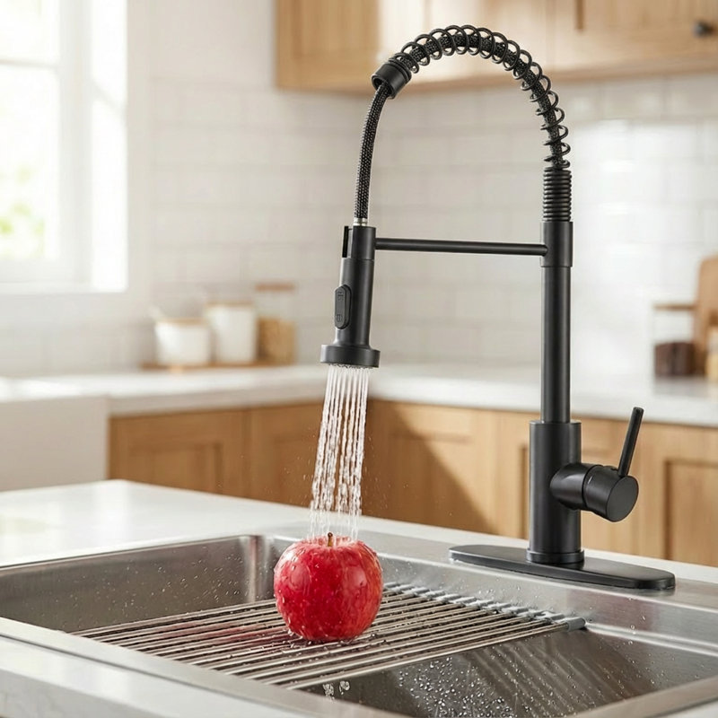 Robinet de cuisine noir mat avec douchette rétractable, poignée simple, installation à 1 ou 3 trous, acier inoxydable, pour éviers de ferme, utilitaires et bar | Idée de cadeau