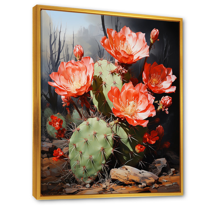 Cactus Ruby Blooms - décoration murale cactus, H 20 po x l 12 po x P 1 po, Cadre flottant doré