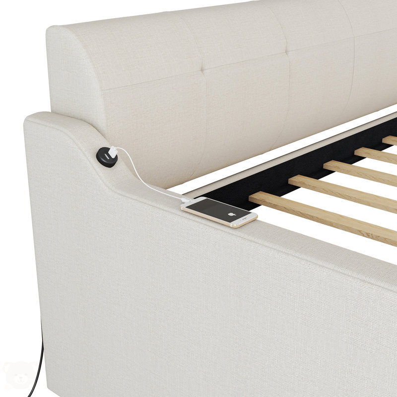 Twin Size Upholstery Daybed With Trundle And USB Charging Design, Beige