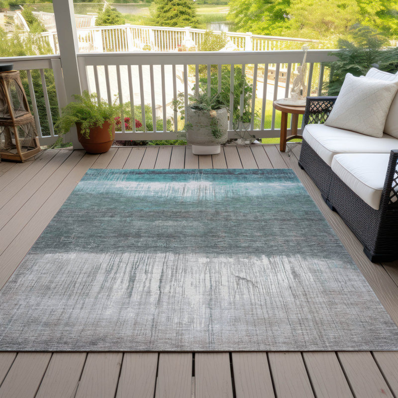 Tapis bleu sarcelle lavable à la machine intérieur / extérieur Xhevrie, Rectangle 10 pi x 14 pi