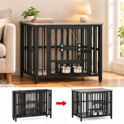 Large Foldable Dog Crate Furniture, Assembly-Free Dog Crate With Adjustable Bowls And Name Tag For Small, Medium, Large Dog