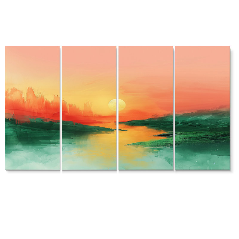 «Green», rouge, magique, coucher de soleil, lac, ensemble d'art mural sur toile, H 28 po x l 48 po
