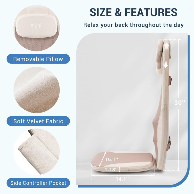 Mynt Foldable Back Massager, Massage Chair Pad with Heat Function and Adjustable Lumbar Support,FSA HSA Eligible Rolling Chair Massager with Heat for Back, Flexible Massage Chair Pad