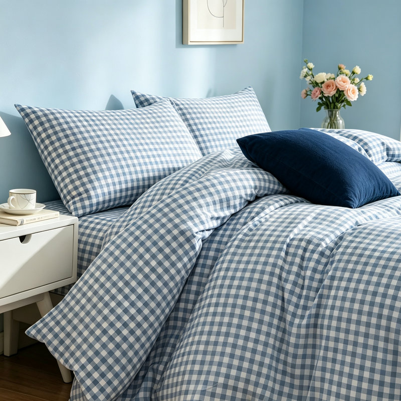 Ensemble de housse de couette 100% coton lavé Vichy, Full Duvet Cover + 2 Pillowcases, Blue/White Gingham