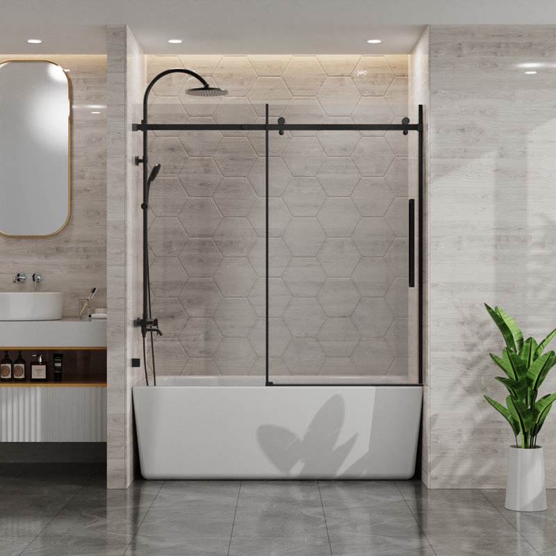 56-60" W X 58" H Bathtub Door, Frameless Tub Sliding Shower Door, 1/4" (6mm) Thick Tempered Clear Glass With Easy-clean Coating, Stainless Steel Hardware, Matte Black