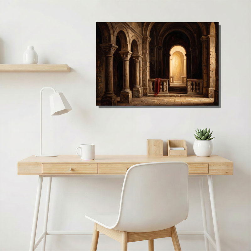 «Stone Archway Interior» avec toile rouge drapée sur une balustrade, H 24 po x l 36 po