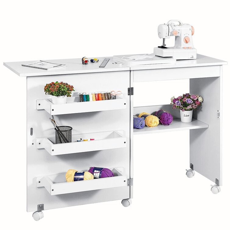 Sewing Table Folding Sewing Machine Table, Sewing Craft Table with Bins  Lockable Casters and Adjustable Storage Shelves, Multifunctional Sewing
