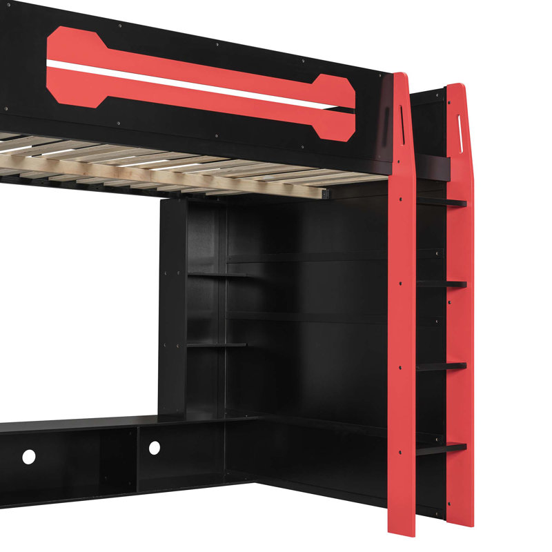 Lit mezzanine double en bois avec bureau, tablettes multiples et lumière RVB, Rouge / Noir
