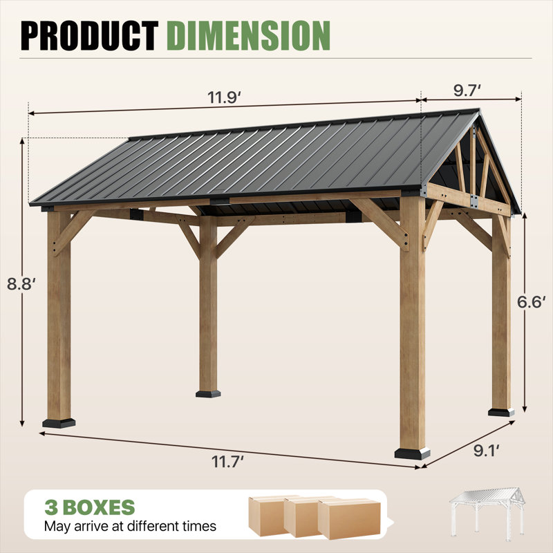 10' x 12' Outdoor Hardtop Gazebo, Cedar Wood Gazebo Permanent with Galvanized Steel Gable Roof, for Patio, Garden, Deck