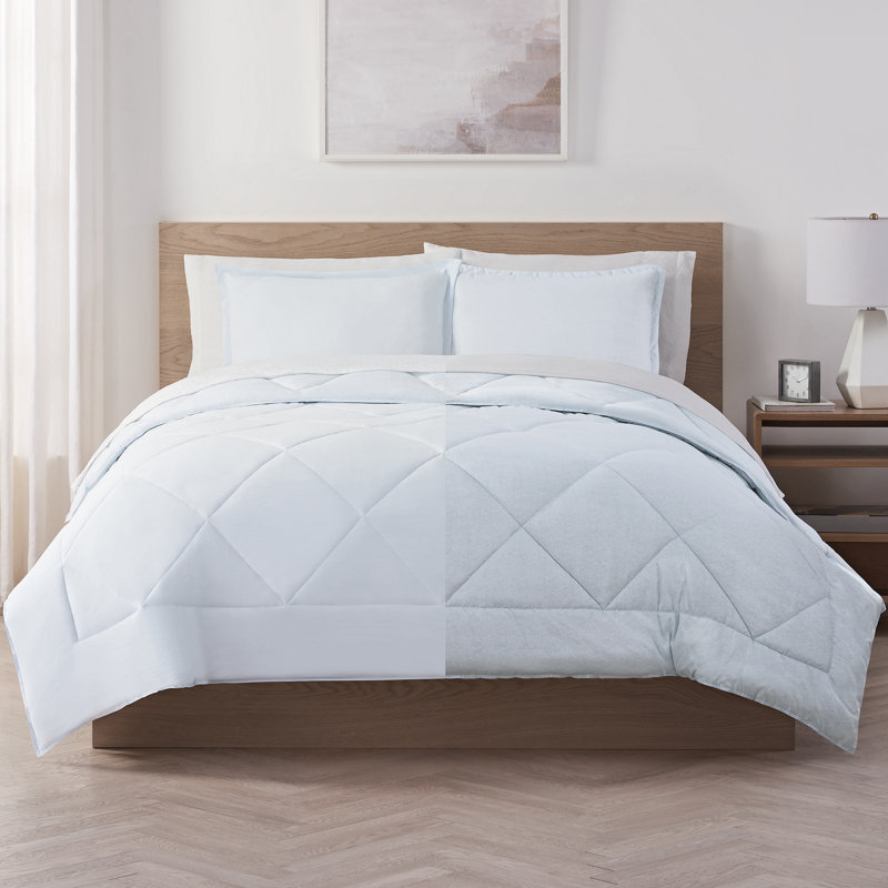 Serta Supersoft Cooling Bed Set, Reversible Bedding Comforter and Solid Sheet Set, Queen, Light Blue