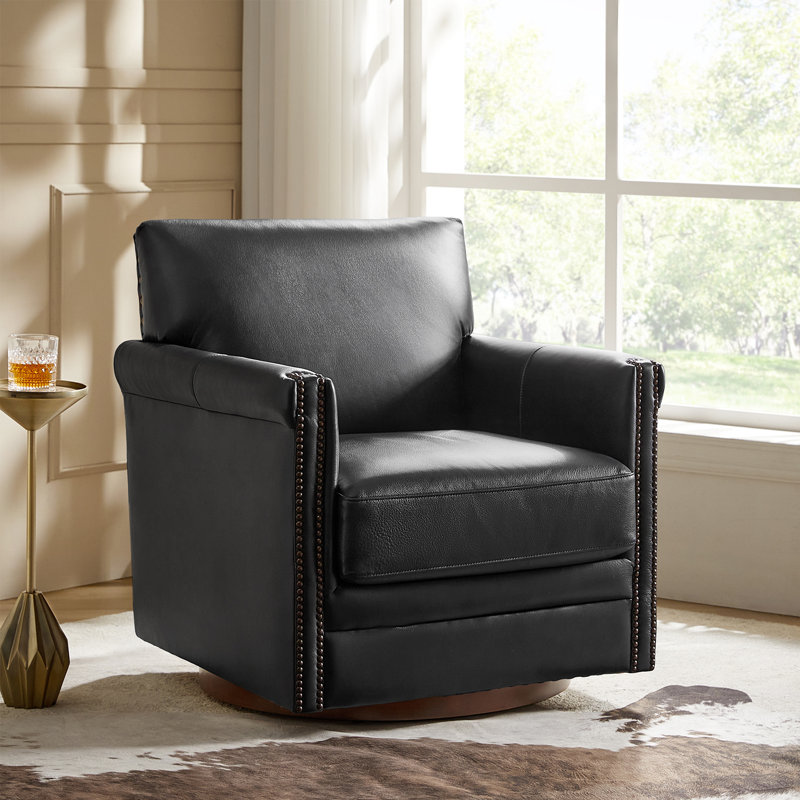 Dyal 29.5" Transitional Genuine Leather Swivel Chair With Solid Wood Base, Black Genuine Leather