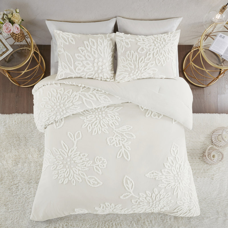 Édredon en chenille à motif floral, Édredon très grand et 2 taies décoratives, Blanc cassé
