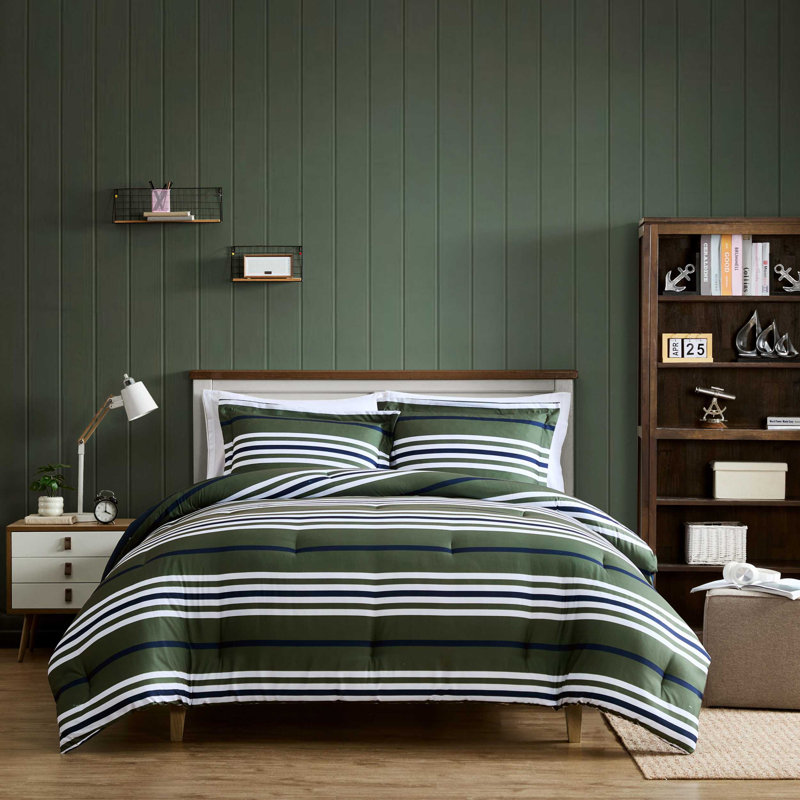 Ensemble d'édredon réversible bleu Nautica, Édredon pour lit simple TG + 1 taie décorative, Vert rayé