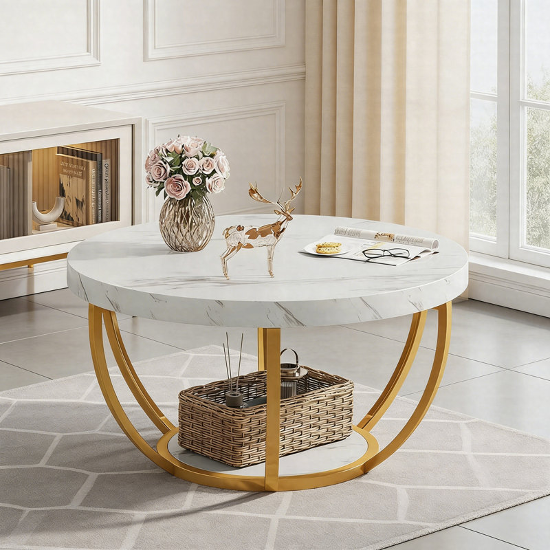 Table basse ronde moderne (table incluse seulement), Blanc, Doré, Marbre