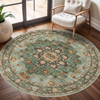 Washable Oriental Area Rug - 6ft Round Rugs for Living Room Soft Carpet for Bedroom