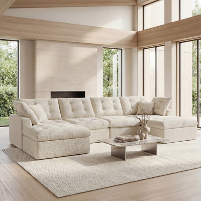 142" Cloud Sectional Couches L-Shaped Modular Boneless Chenille Sofa Couches With 2 Deep Seat Ottoman And Side Pockets, Module Combination For Living Room 4 Seater