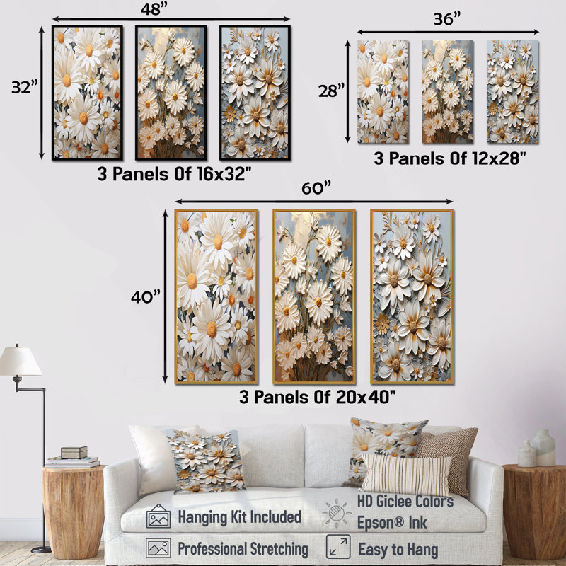 «White Daisy Blooming Elegance», ensemble de 4 impressions sur toile, Cadre flottant blanc, H 32 po x l 48 po