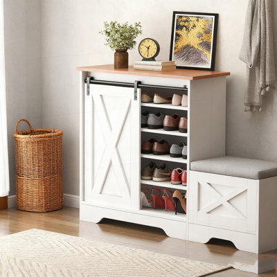 Fold-Down Entry Shoe Cabinet With Hidden Compartments And Built-In Storage Bench, Perfect For Compact Spaces