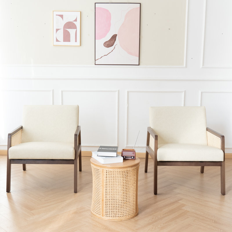 Upholstered Accent Chair With Rattan Mesh Armrests, Beige PU Leather, Beige