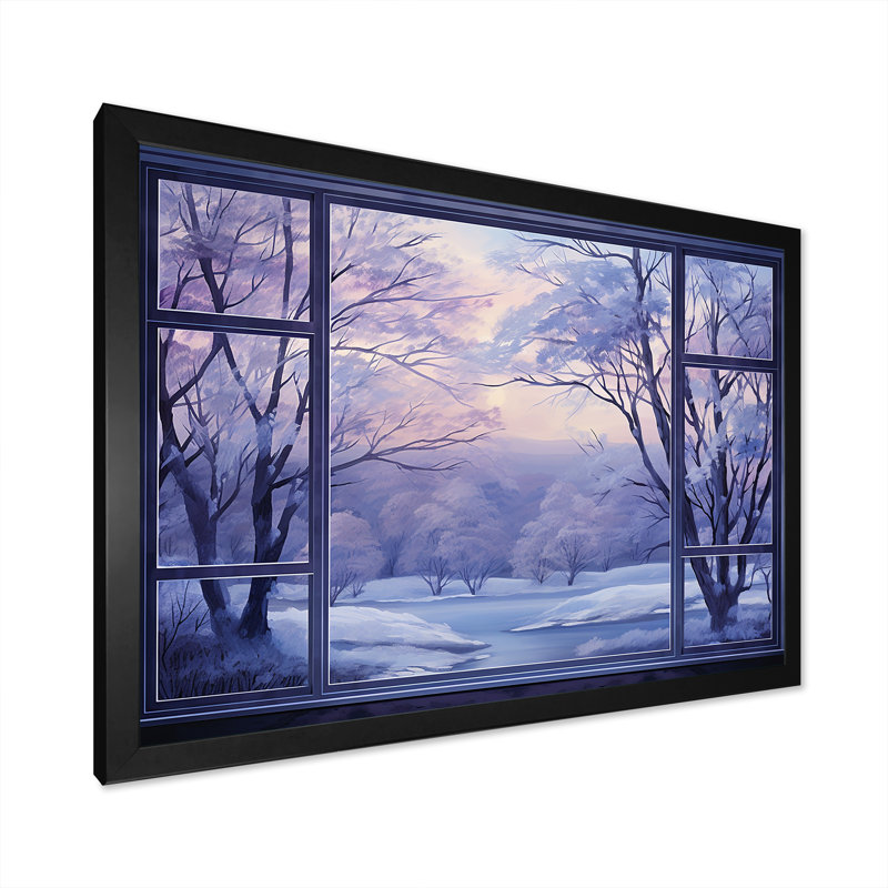 «Purple River Winter Windows I - Winter Landscape», art mural, Cadre d'angle fermé noir, H 12 po x l 20 po x P 1 po