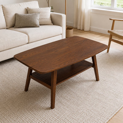 Mid Century Modern Solid Wood Rectangular Coffee Table with Storage Shelf and Smooth Rounded Corners for Living Room or Office