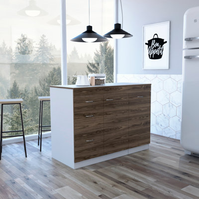 Armoire de cuisine, trois tiroirs, deux tablettes internes - blanc / noyer foncé