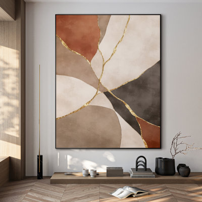 Geometric Gold Line Neutral Abstract Wall Art for Living Room or Bedroom - "Frame Assembly Required (Unfinished Frame)"