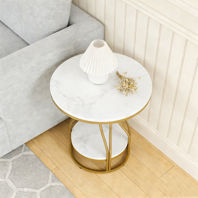 Table d'appoint ronde à 2 niveaux avec structure en métal, Doré et blanc