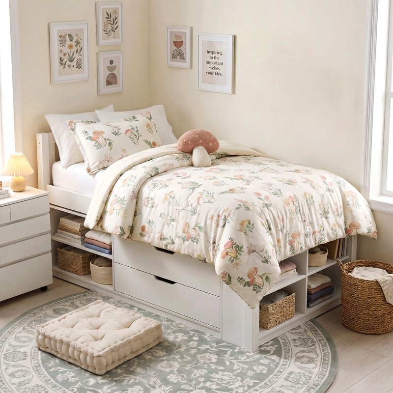 Gwen Mushroom Garden Comforter Set, Twin/Twin XL Comforter + 1 Sham + 1 Pillow, Beige