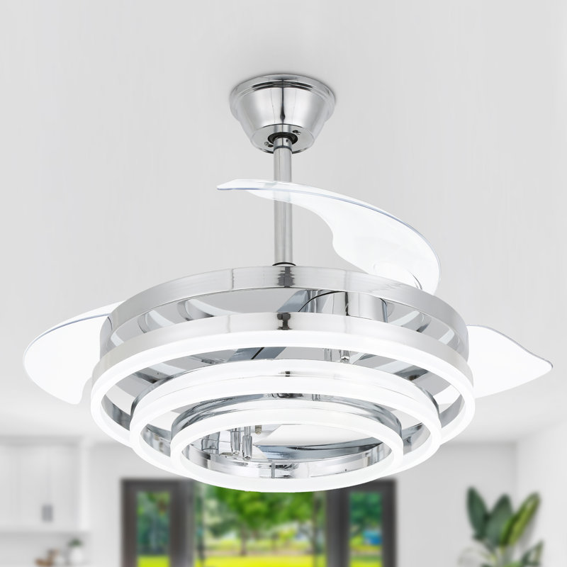 Ventilateur de plafond rétractable chromé 42 po avec lumières DEL Brynnly, Chrome avec pales transparentes