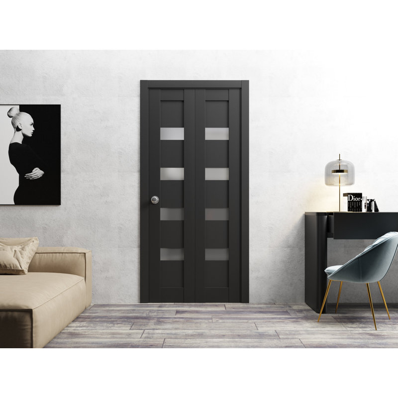 Portes coulissantes pliantes pour garde-robe | Quadro 4113 noir mat avec miroir | Ensemble de quincaillerie pour moulures robustes