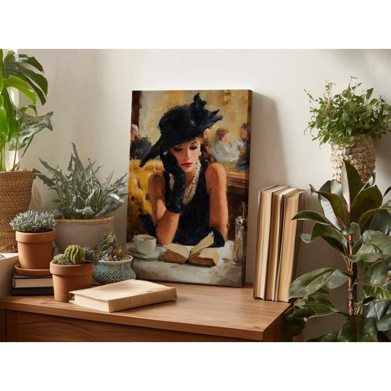 Élégante femme lisant sur toile, impressionnant scène de café rétro, H 24 po x l 16 po