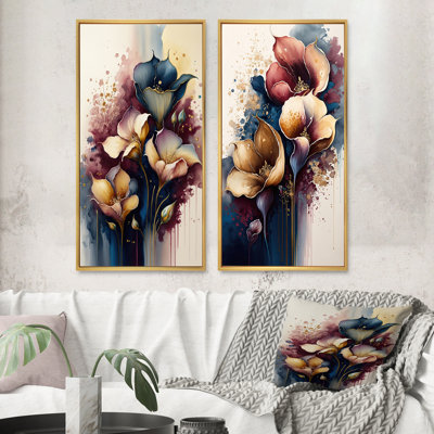 «Bouquet de lys bleu et bourgogne Cally I», 2 pièces sur toile