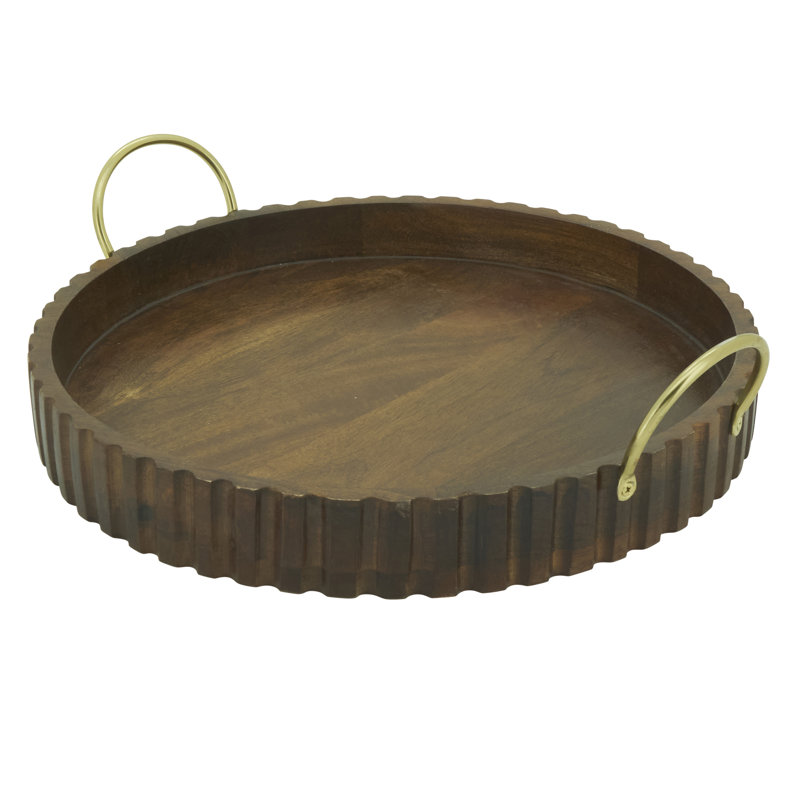 Scalloped Mango Wood Serving Tray with Brass Handles – Decorative Round Tray for Coffee Table, Bar & Entertaining